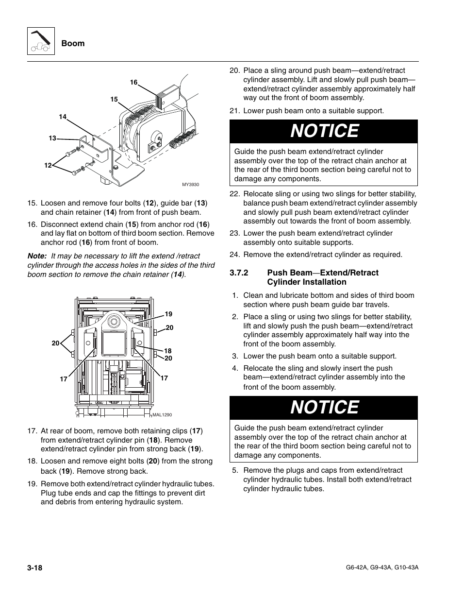 2 push beam—extend/retract cylinder installation, Push beam—extend/retract cylinder installation, Notice | JLG G6-42A Service Manual User Manual | Page 56 / 206