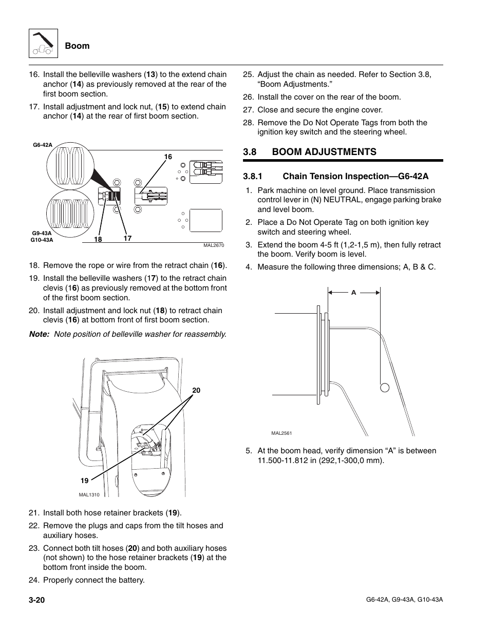 8 boom adjustments, 1 chain tension inspection—g6-42a, Boom adjustments | Chain tension inspection—g6-42a, Section 3.8, “boom adjustments | JLG G6-42A Service Manual User Manual | Page 58 / 206