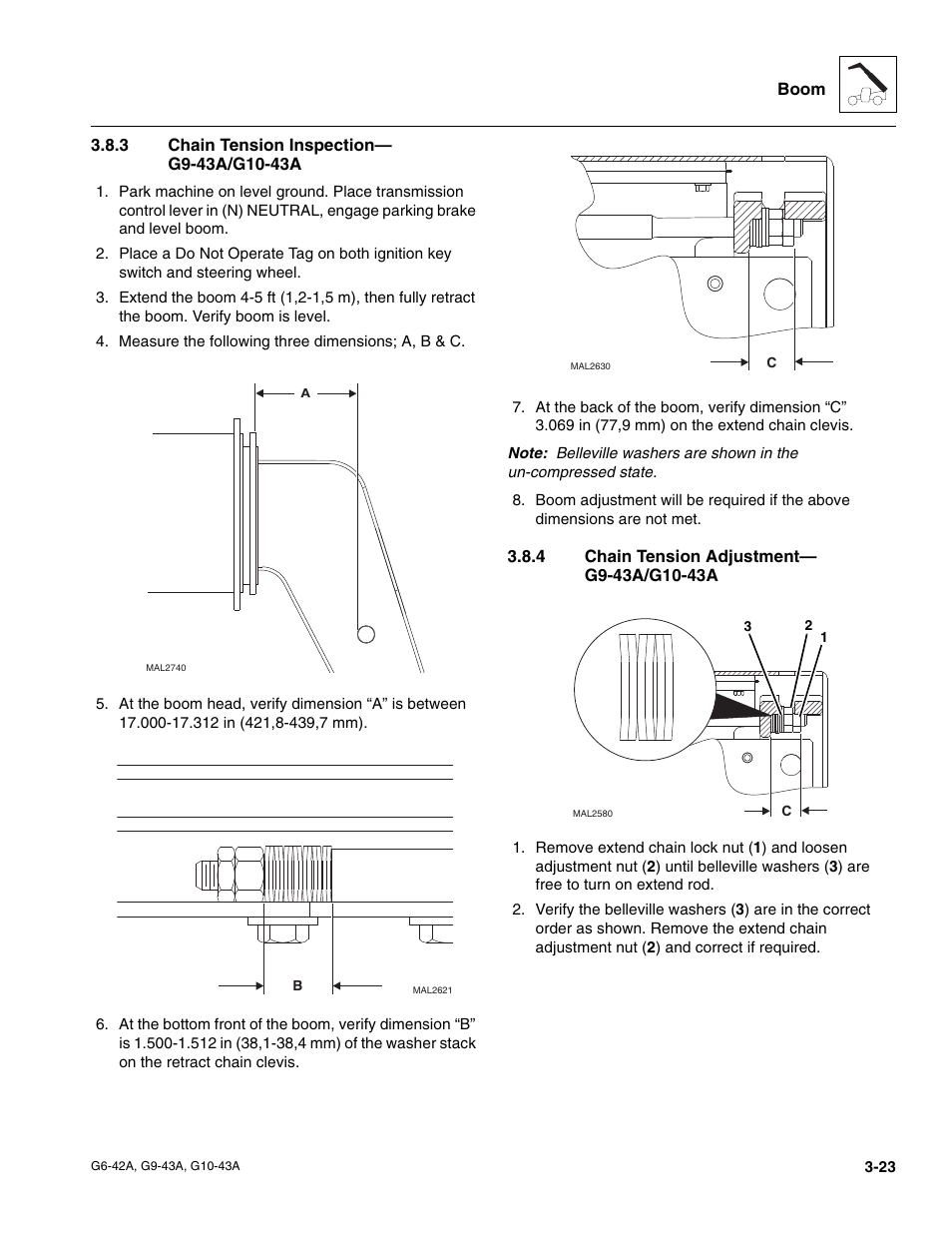 3 chain tension inspection— g9-43a/g10-43a, 4 chain tension adjustment— g9-43a/g10-43a, Chain tension inspection— g9-43a/g10-43a | Chain tension adjustment— g9-43a/g10-43a | JLG G6-42A Service Manual User Manual | Page 61 / 206