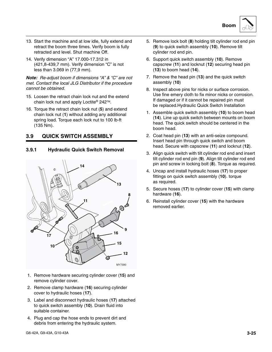 9 quick switch assembly, 1 hydraulic quick switch removal, Quick switch assembly | Hydraulic quick switch removal, Refer to section, 9, “quick switch assembly | JLG G6-42A Service Manual User Manual | Page 63 / 206