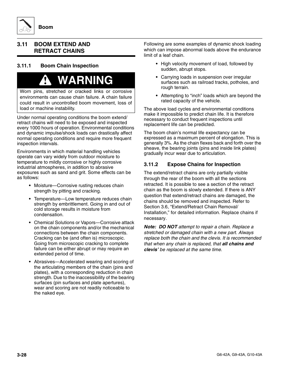 11 boom extend and retract chains, 1 boom chain inspection, 2 expose chains for inspection | Boom extend and retract chains, Boom chain inspection, Expose chains for inspection, Warning | JLG G6-42A Service Manual User Manual | Page 66 / 206