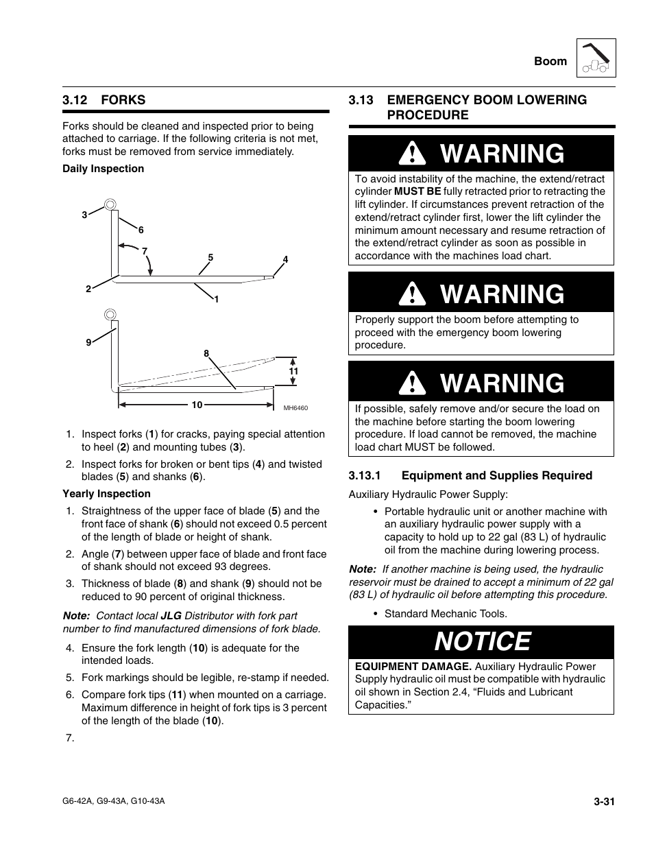 12 forks, 13 emergency boom lowering procedure, 1 equipment and supplies required | Forks, Emergency boom lowering procedure, Equipment and supplies required, Warning, Notice | JLG G6-42A Service Manual User Manual | Page 69 / 206