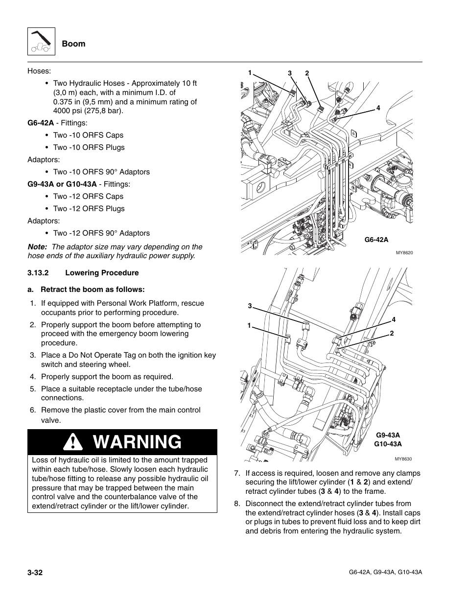 2 lowering procedure, Lowering procedure, Warning | JLG G6-42A Service Manual User Manual | Page 70 / 206