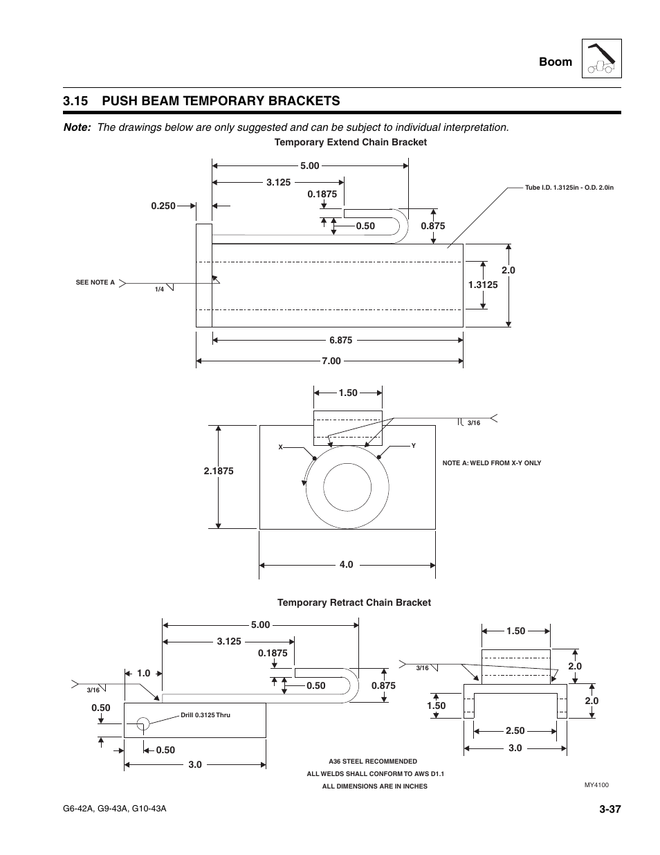 15 push beam temporary brackets, Push beam temporary brackets, Boom | JLG G6-42A Service Manual User Manual | Page 75 / 206