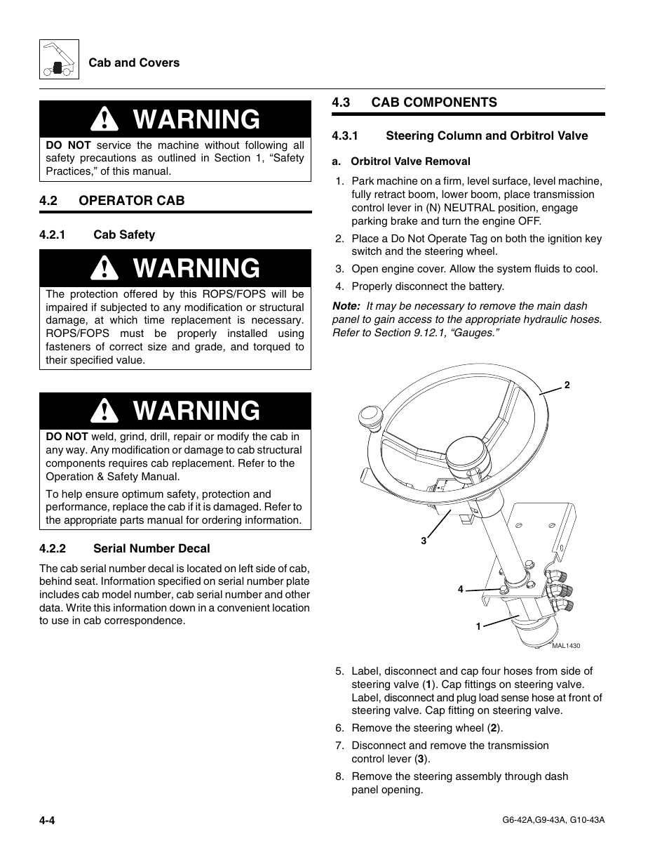 2 operator cab, 1 cab safety, 2 serial number decal | 3 cab components, 1 steering column and orbitrol valve, Operator cab, Cab components, Cab safety, Serial number decal, Steering column and orbitrol valve | JLG G6-42A Service Manual User Manual | Page 80 / 206