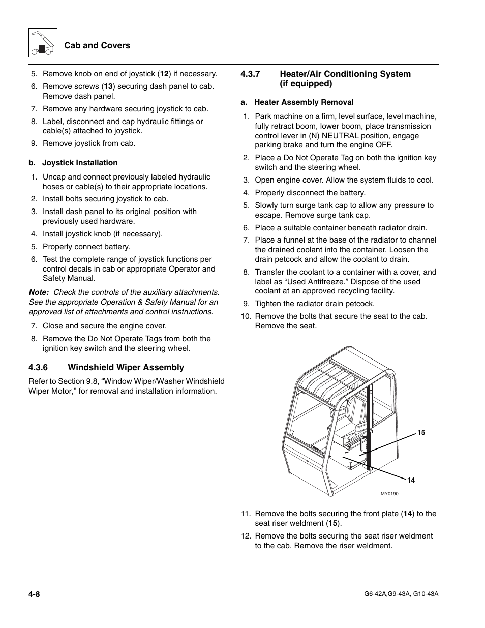 6 windshield wiper assembly, 7 heater/air conditioning system (if equipped), Windshield wiper assembly | Heater/air conditioning system (if equipped) | JLG G6-42A Service Manual User Manual | Page 84 / 206