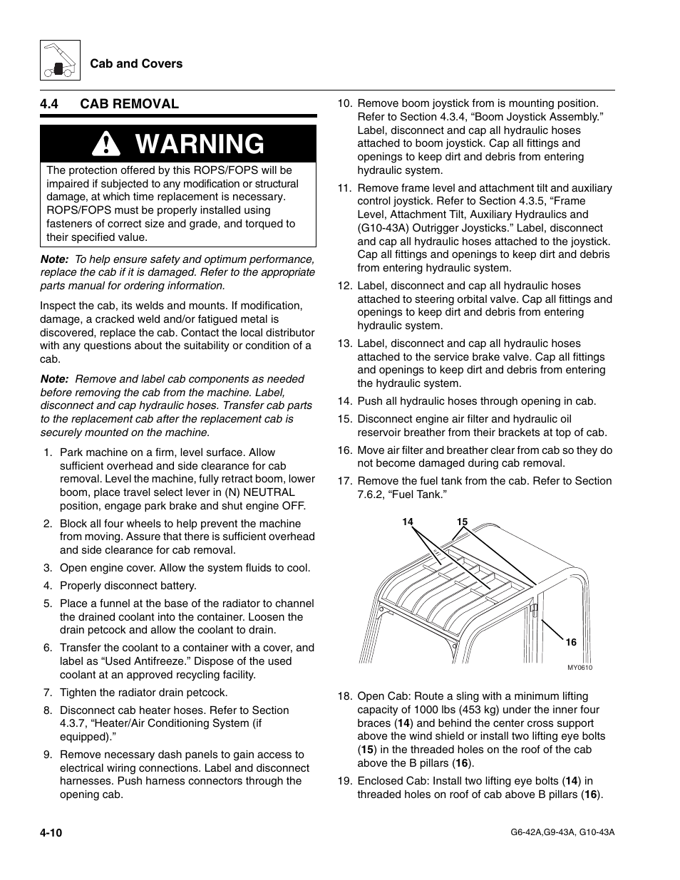 4 cab removal, Cab removal, Warning | JLG G6-42A Service Manual User Manual | Page 86 / 206