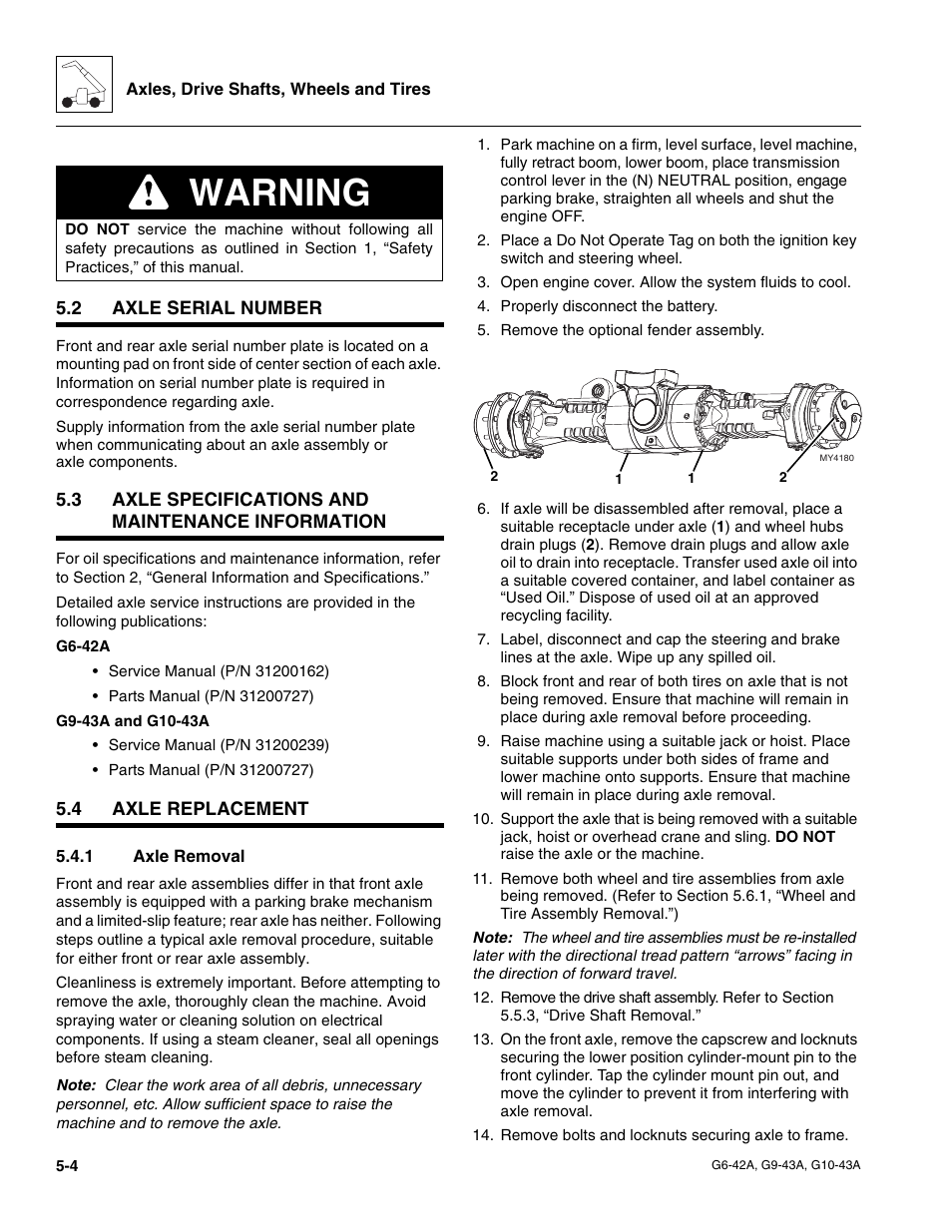 2 axle serial number, 3 axle specifications and maintenance information, 4 axle replacement | 1 axle removal, Axle serial number, Axle specifications and maintenance information, Axle replacement, Axle removal, Warning | JLG G6-42A Service Manual User Manual | Page 92 / 206