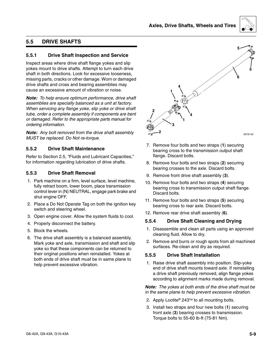 5 drive shafts, 1 drive shaft inspection and service, 2 drive shaft maintenance | 3 drive shaft removal, 4 drive shaft cleaning and drying, 5 drive shaft installation, Drive shafts, Drive shaft inspection and service, Drive shaft maintenance, Drive shaft removal | JLG G6-42A Service Manual User Manual | Page 97 / 206