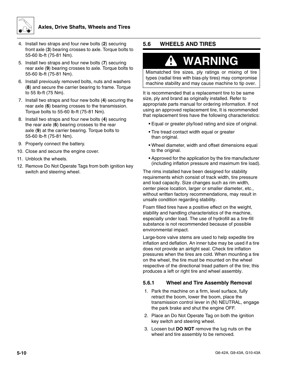 6 wheels and tires, 1 wheel and tire assembly removal, Wheels and tires | Wheel and tire assembly removal, Warning | JLG G6-42A Service Manual User Manual | Page 98 / 206