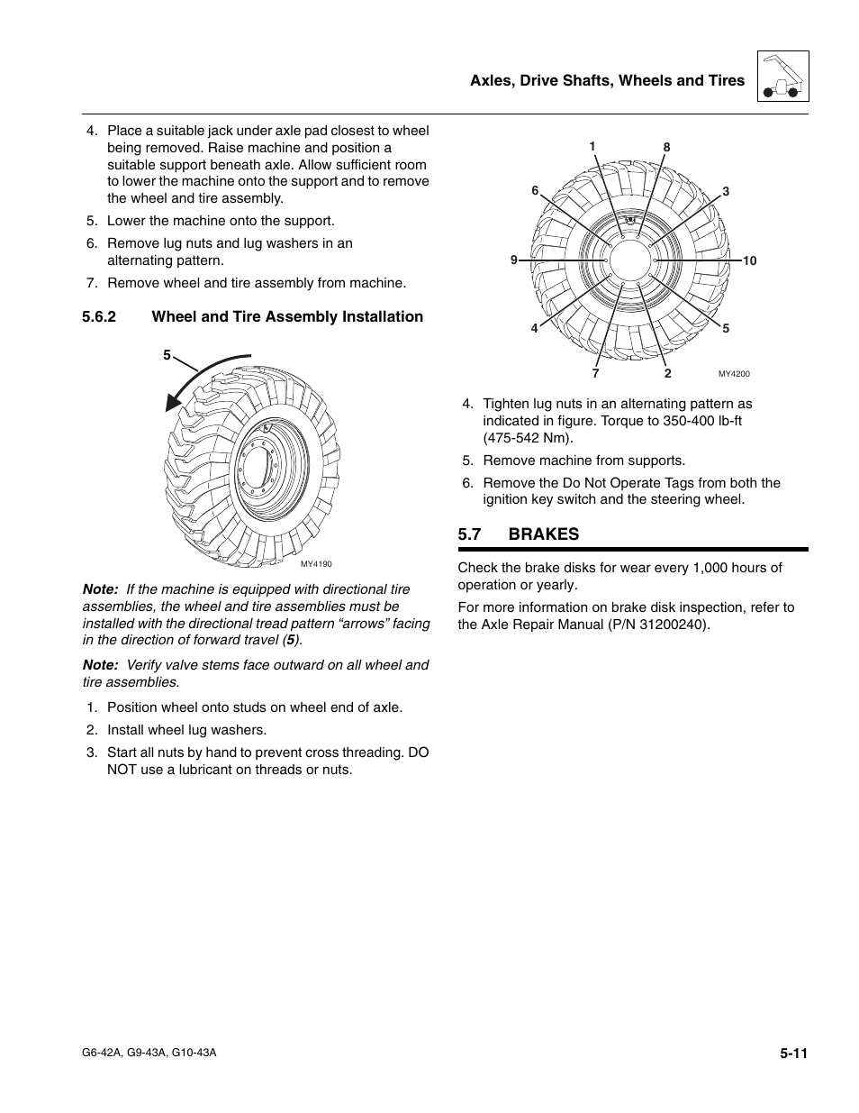 2 wheel and tire assembly installation, 7 brakes, Brakes | Wheel and tire assembly installation, Section 5.7, “brakes | JLG G6-42A Service Manual User Manual | Page 99 / 206