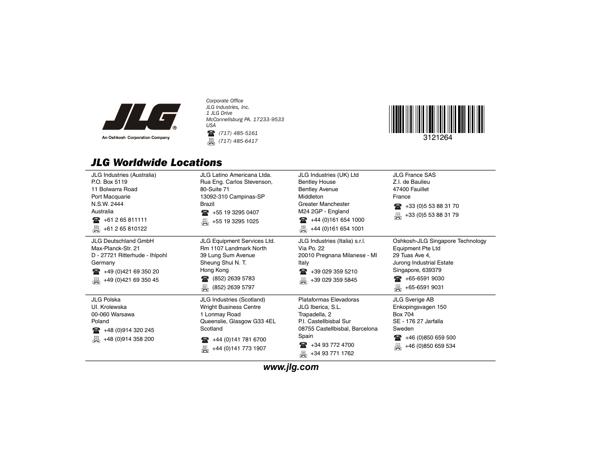 Jlg worldwide locations | JLG 1100SB Operator Manual User Manual | Page 102 / 102
