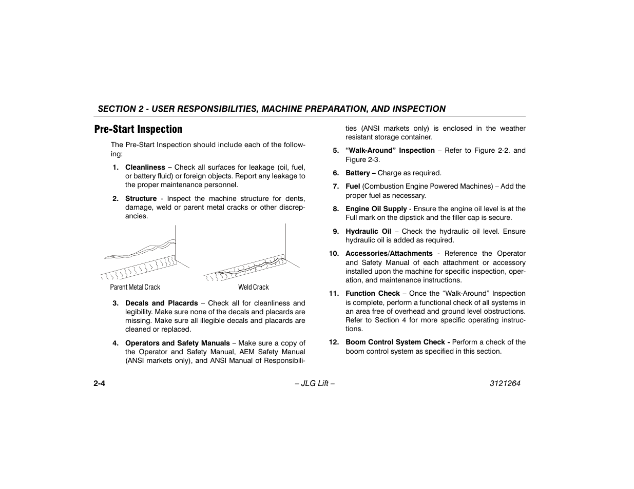 Pre-start inspection, Pre-start inspection -4 | JLG 1100SB Operator Manual User Manual | Page 24 / 102