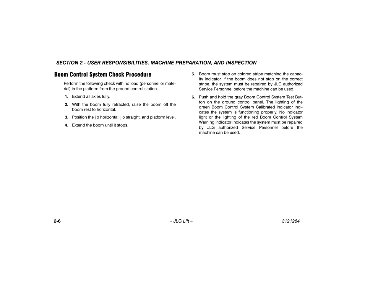 Boom control system check procedure, Boom control system check procedure -6 | JLG 1100SB Operator Manual User Manual | Page 26 / 102