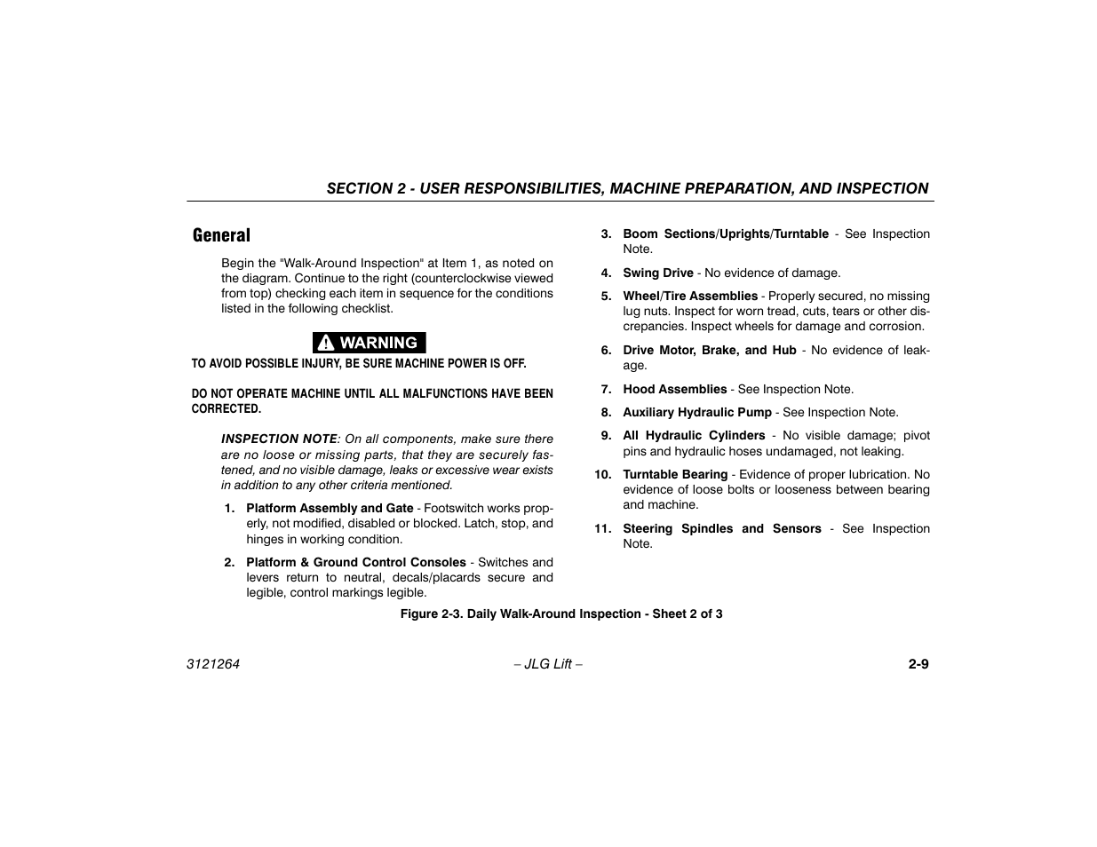 General -9, Daily walk-around inspection - sheet 2 of 3 -9, General | JLG 1100SB Operator Manual User Manual | Page 29 / 102