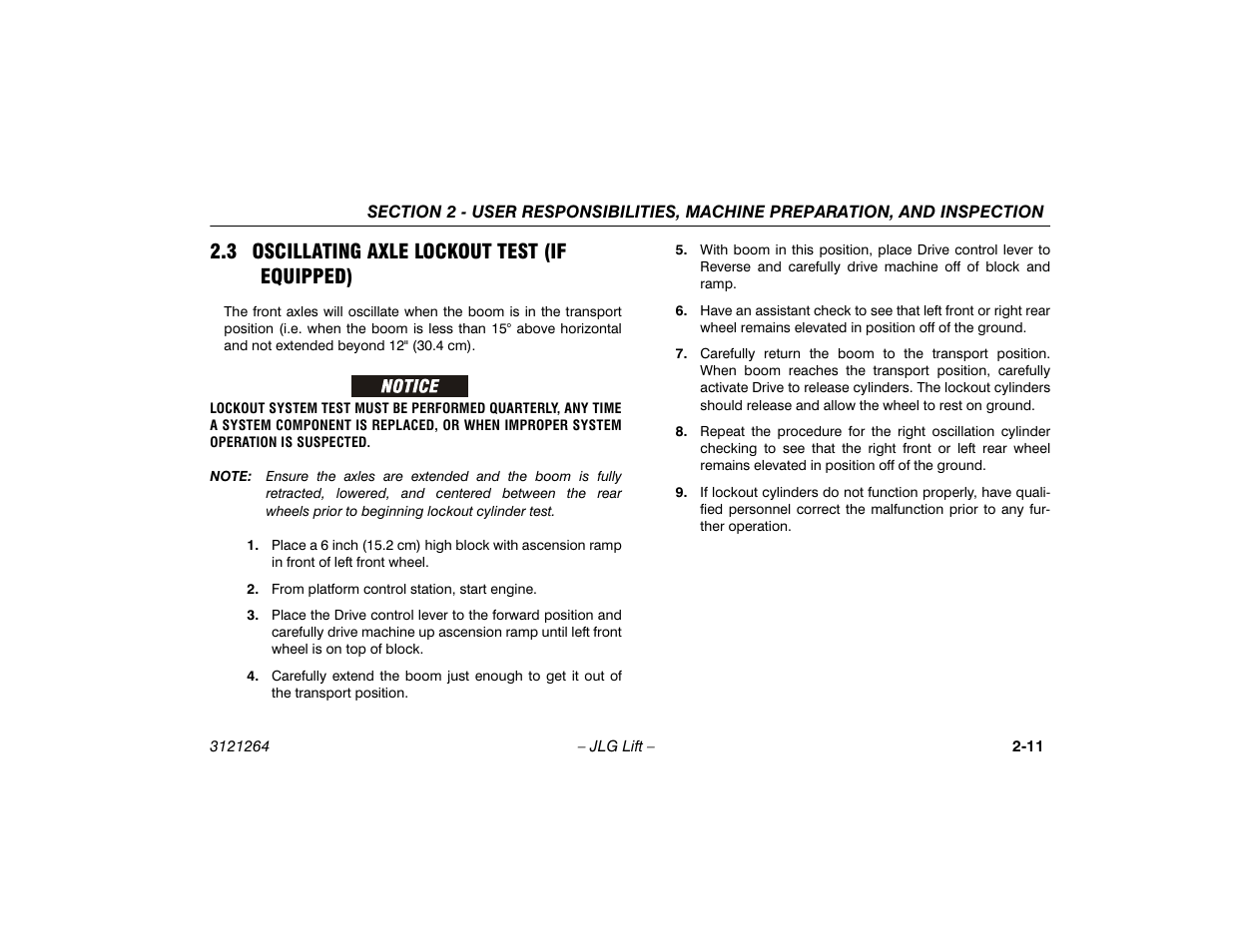3 oscillating axle lockout test (if equipped), Oscillating axle lockout test, If equipped) -11 | JLG 1100SB Operator Manual User Manual | Page 31 / 102