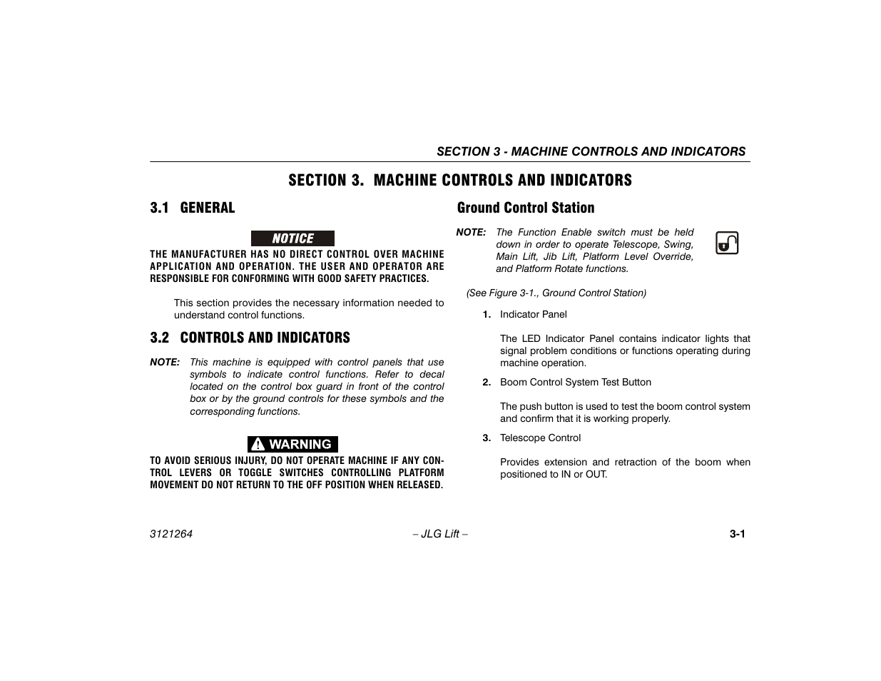 Section 3. machine controls and indicators, 1 general, 2 controls and indicators | Ground control station, Section - 3 - machine controls and indicators, General -1, Controls and indicators -1, Ground control station -1 | JLG 1100SB Operator Manual User Manual | Page 33 / 102