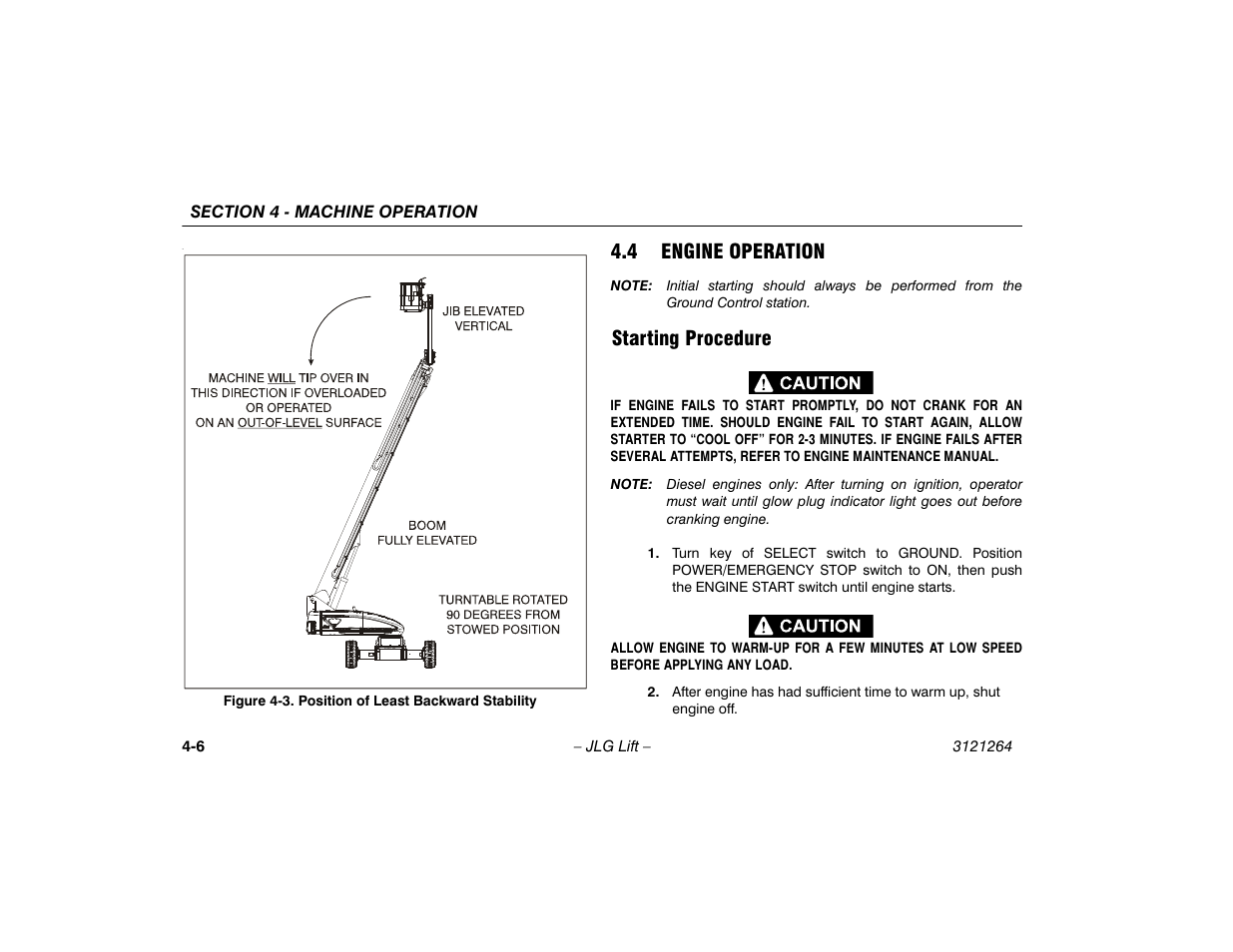 4 engine operation, Starting procedure, Engine operation -6 | Starting procedure -6, Position of least backward stability -6 | JLG 1100SB Operator Manual User Manual | Page 56 / 102