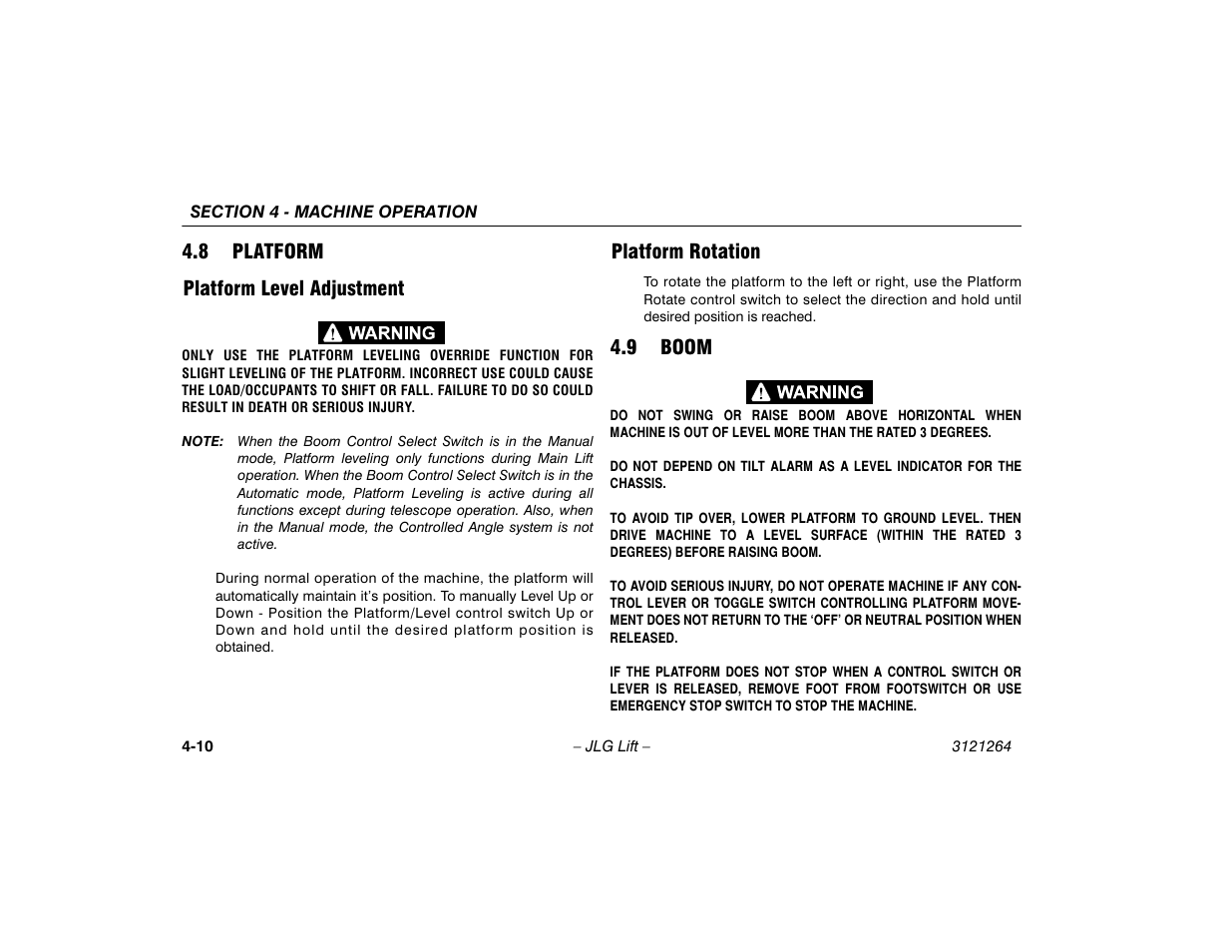 8 platform, Platform level adjustment, Platform rotation | 9 boom, Platform -10, Boom -10 | JLG 1100SB Operator Manual User Manual | Page 60 / 102