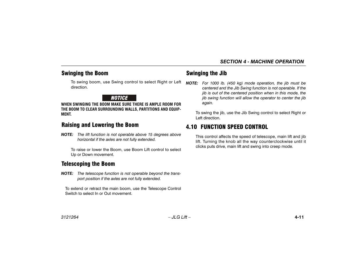 Swinging the boom, Raising and lowering the boom, Telescoping the boom | Swinging the jib, 10 function speed control, 10 function speed control -11 | JLG 1100SB Operator Manual User Manual | Page 61 / 102