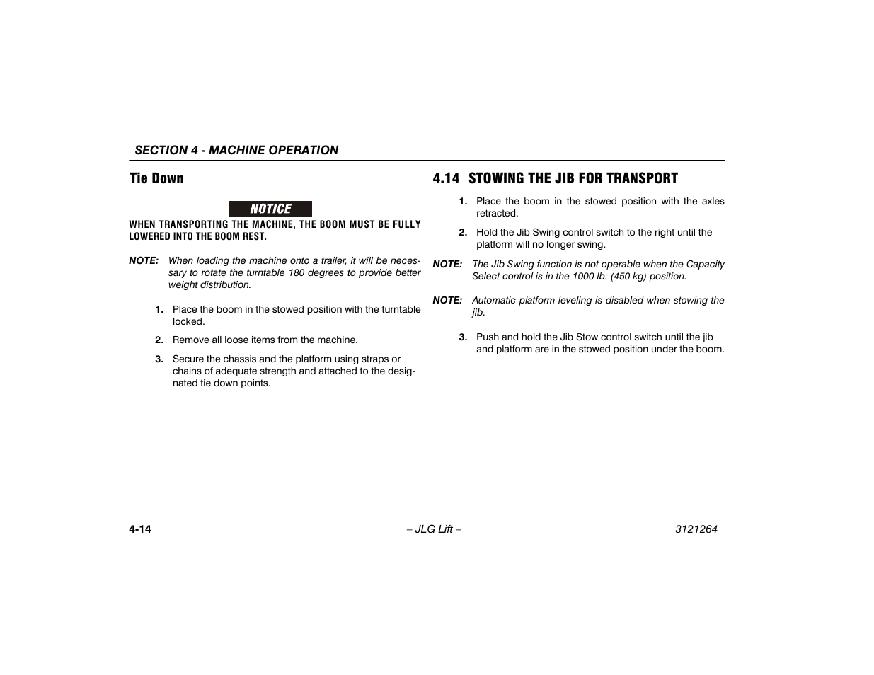 Tie down, 14 stowing the jib for transport, Tie down -14 | 14 stowing the jib for transport -14 | JLG 1100SB Operator Manual User Manual | Page 64 / 102