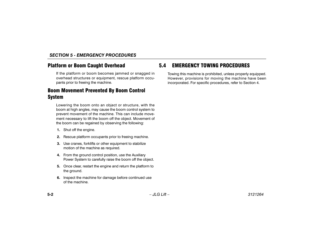 Platform or boom caught overhead, Boom movement prevented by boom control system, 4 emergency towing procedures | Emergency towing procedures -2 | JLG 1100SB Operator Manual User Manual | Page 76 / 102
