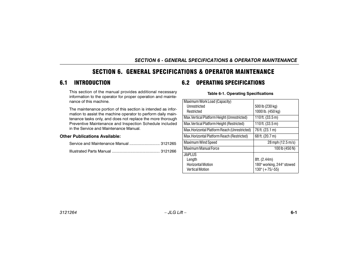 1 introduction, 2 operating specifications, Introduction -1 | Operating specifications -1 | JLG 1100SB Operator Manual User Manual | Page 77 / 102