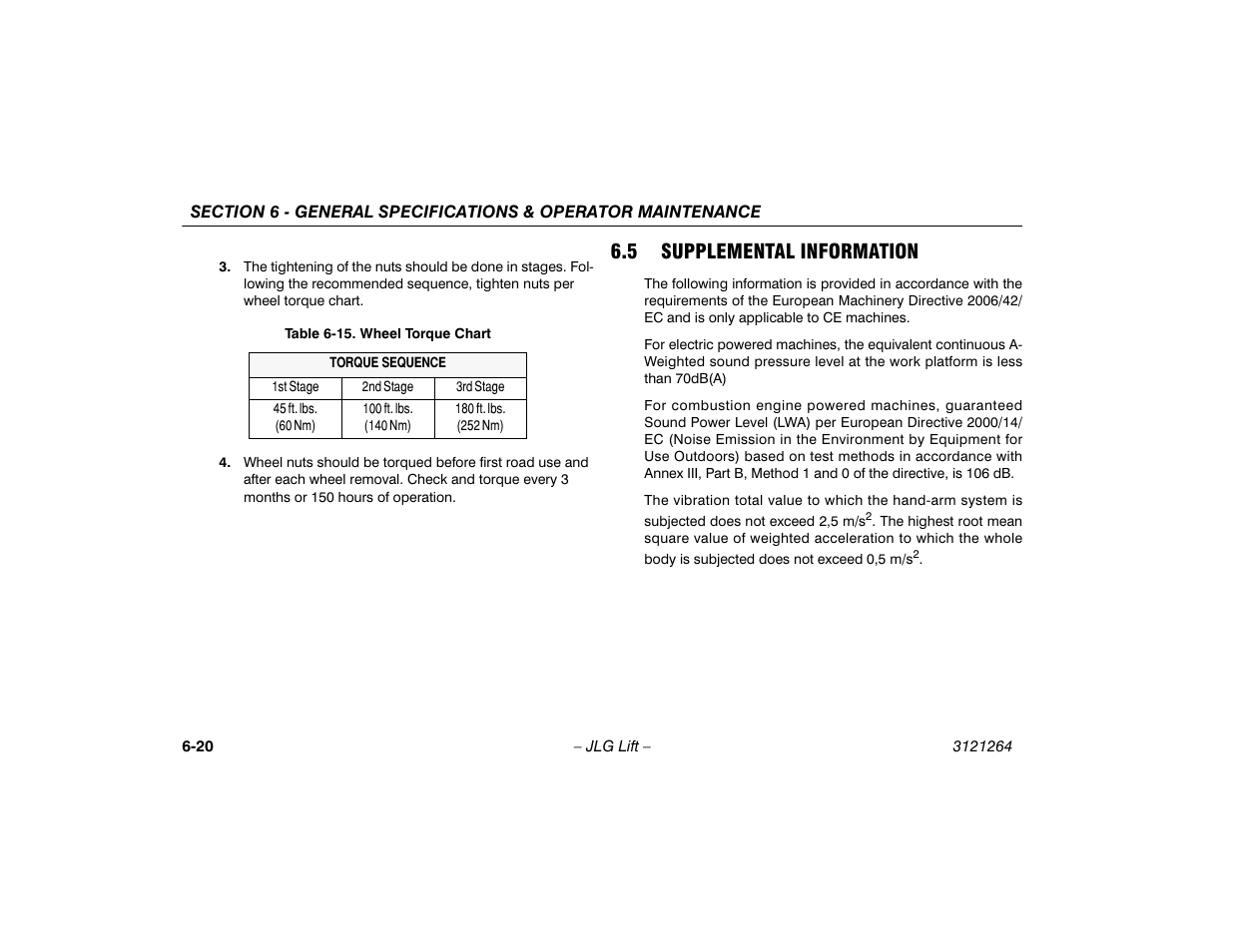 5 supplemental information, Supplemental information -20, Wheel torque chart -20 | JLG 1100SB Operator Manual User Manual | Page 96 / 102