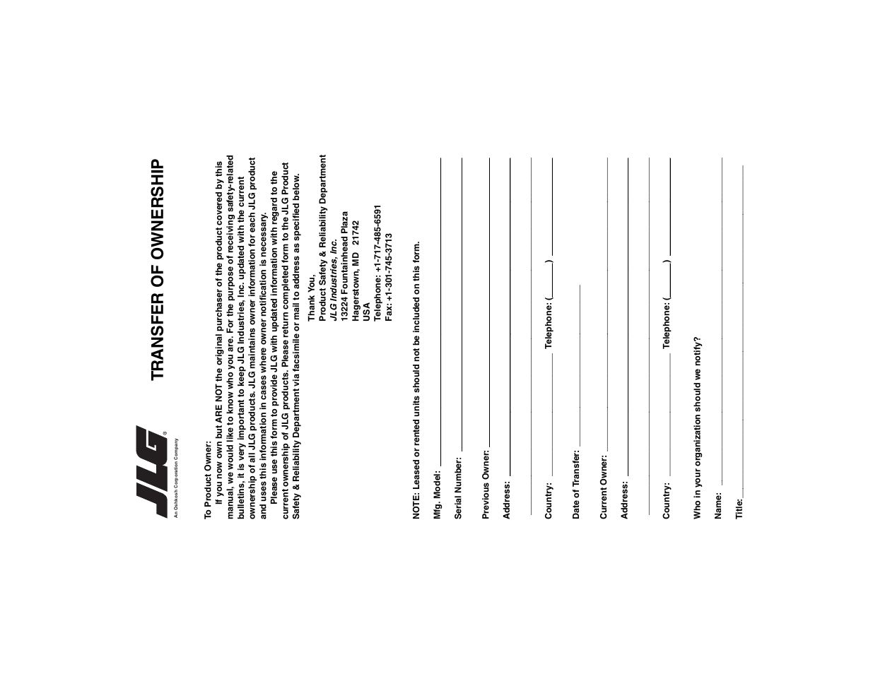 Tr ansf er of owner s hip | JLG 1100SB Operator Manual User Manual | Page 99 / 102