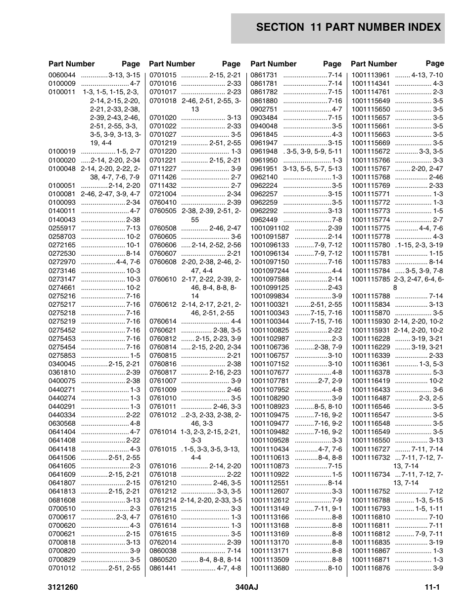 Section 11 part number index, 11 - part number index -1 | JLG 340AJ Parts Manual User Manual | Page 181 / 190