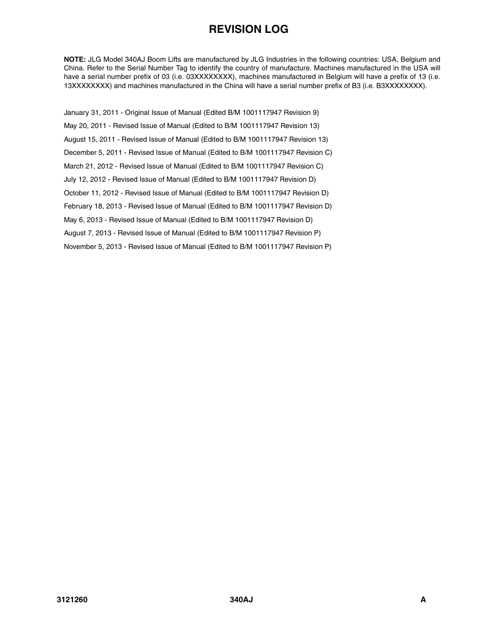 Revision log | JLG 340AJ Parts Manual User Manual | Page 3 / 190
