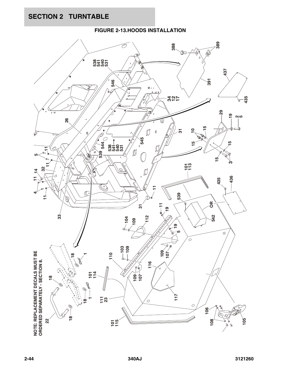 Figure 2-13. hoods installation, Hoods installation -44 | JLG 340AJ Parts Manual User Manual | Page 66 / 190