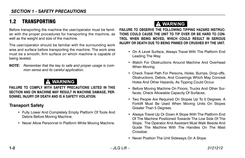 2 transporting, Transport safety, 2 transporting -2 | Transport safety -2 | JLG 15AMI Operator Manual User Manual | Page 12 / 76