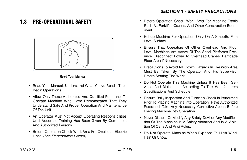 3 pre-operational safety, 3 pre-operational safety -5 | JLG 15AMI Operator Manual User Manual | Page 15 / 76