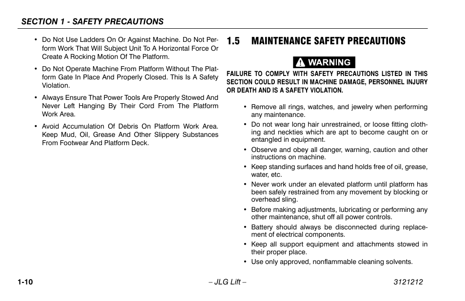 5 maintenance safety precautions, 5 maintenance safety precautions -10 | JLG 15AMI Operator Manual User Manual | Page 20 / 76