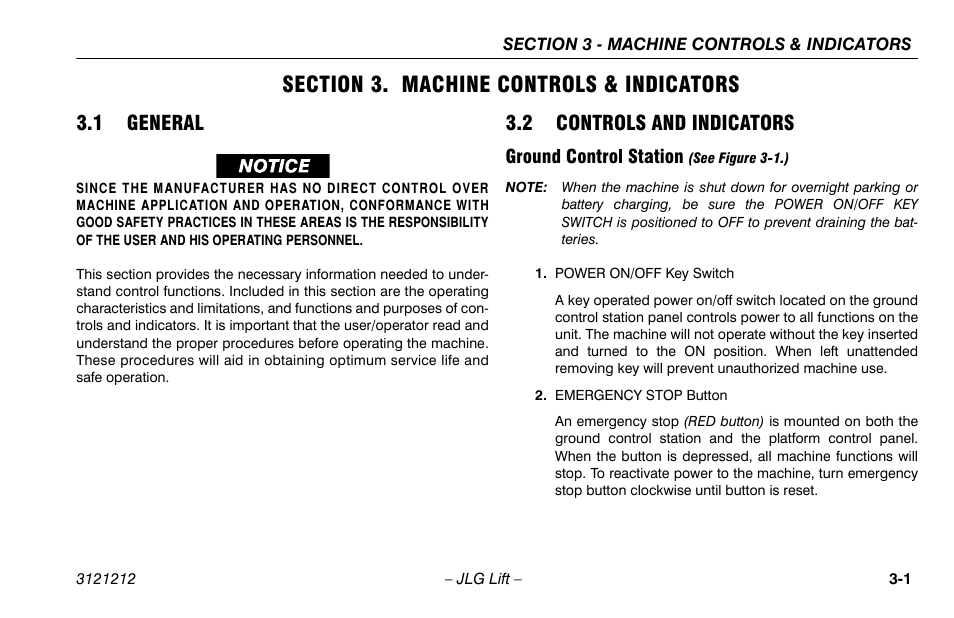 Section 3. machine controls & indicators, 1 general, 2 controls and indicators | Ground control station (see figure 3-1.), Section - 3 - machine controls & indicators, 1 general -1 3.2 controls and indicators -1, Ground control station -1 | JLG 15AMI Operator Manual User Manual | Page 29 / 76