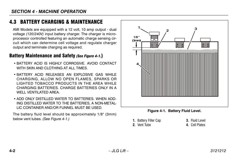 3 battery charging & maintenance, Battery maintenance and safety (see figure 4-1.), 3 battery charging & maintenance -2 | Battery maintenance and safety -2, Battery fluid level -2, Battery maintenance and safety | JLG 15AMI Operator Manual User Manual | Page 40 / 76