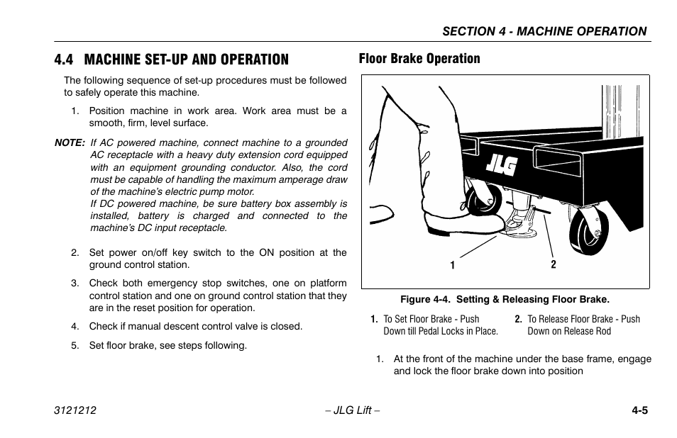 4 machine set-up and operation, Floor brake operation, 4 machine set-up and operation -5 | Floor brake operation -5, Setting & releasing floor brake -5 | JLG 15AMI Operator Manual User Manual | Page 43 / 76