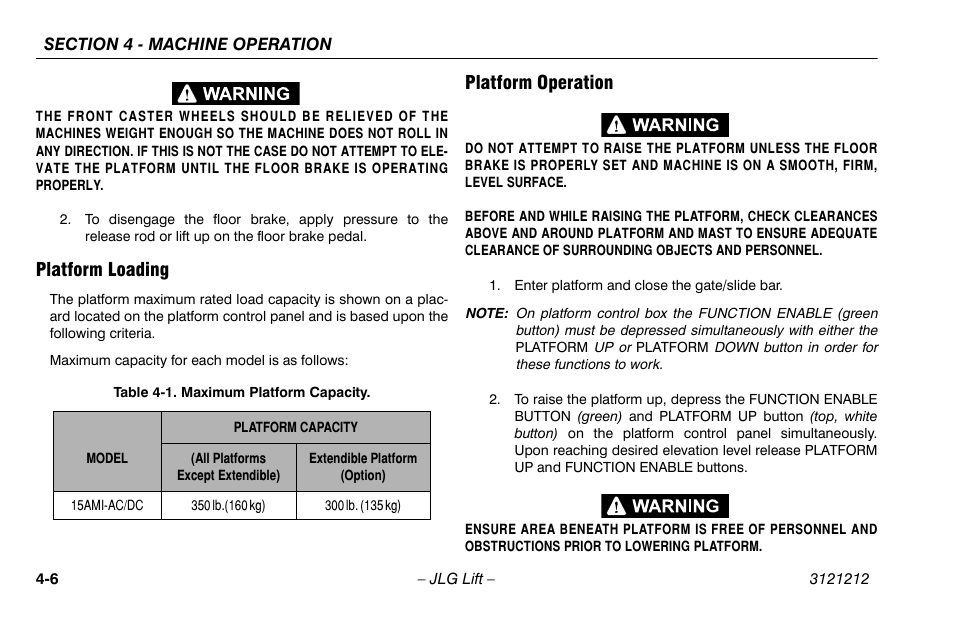 Platform loading, Platform operation, Platform loading -6 platform operation -6 | Maximum platform capacity -6 | JLG 15AMI Operator Manual User Manual | Page 44 / 76