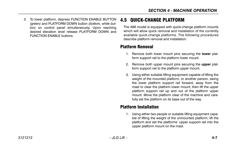 5 quick-change platform, Platform removal, Platform installation | 5 quick-change platform -7, Platform removal -7 platform installation -7 | JLG 15AMI Operator Manual User Manual | Page 45 / 76