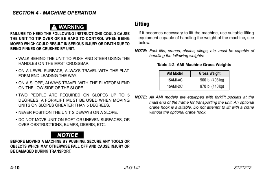 Lifting, Lifting -10, Ami machine gross weights -10 | JLG 15AMI Operator Manual User Manual | Page 48 / 76