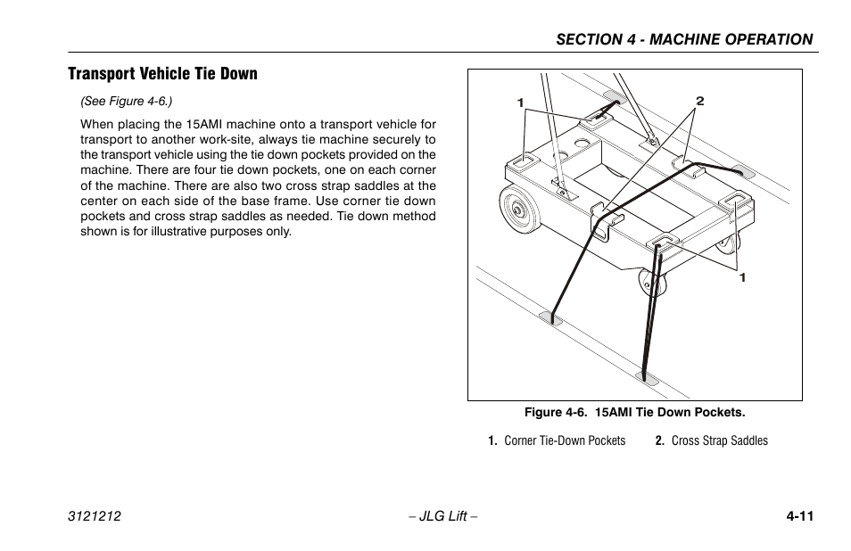 Transport vehicle tie down, Transport vehicle tie down -11, 15ami tie down pockets -11 | JLG 15AMI Operator Manual User Manual | Page 49 / 76
