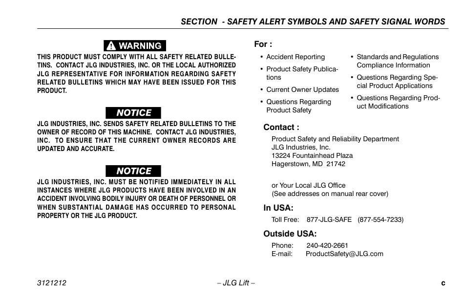 Contact, In usa, Outside usa | JLG 15AMI Operator Manual User Manual | Page 5 / 76
