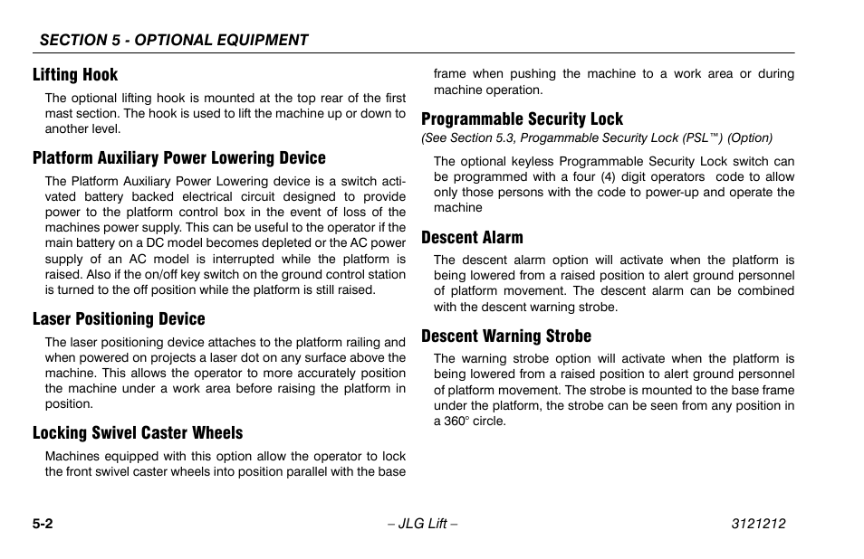 Lifting hook, Platform auxiliary power lowering device, Laser positioning device | Locking swivel caster wheels, Programmable security lock, Descent alarm, Descent warning strobe | JLG 15AMI Operator Manual User Manual | Page 52 / 76