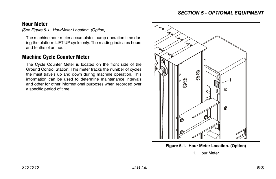 Hour meter, Machine cycle counter meter, Hourmeter -3 machine cycle counter meter -3 | Hourmeter location. (option) -3 | JLG 15AMI Operator Manual User Manual | Page 53 / 76