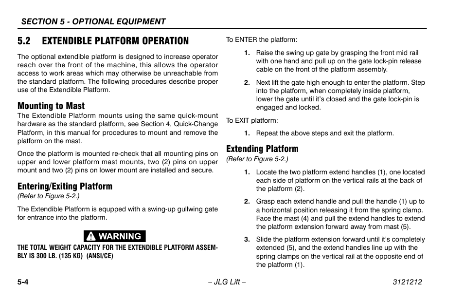 2 extendible platform operation, Mounting to mast, Entering/exiting platform | Extending platform, 2 extendible platform operation -4 | JLG 15AMI Operator Manual User Manual | Page 54 / 76