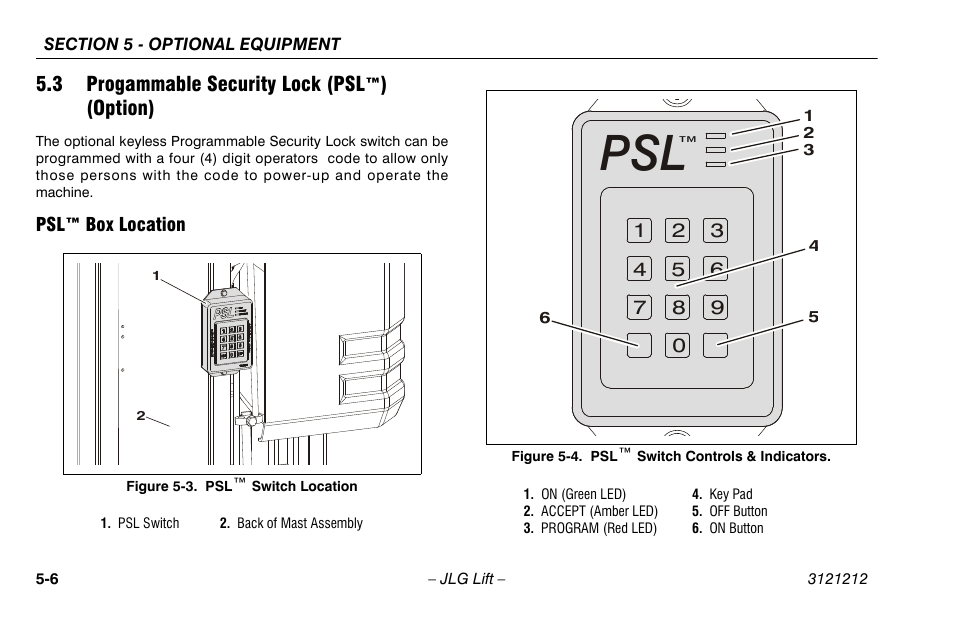 3 progammable security lock (psl™) (option), Psl™ box location, 3 progammable security lock(psl™)(option) . 5-6 | Psl™ box location -6, Psl™ switch location -6, Psl™ switch controls & indicators -6 | JLG 15AMI Operator Manual User Manual | Page 56 / 76
