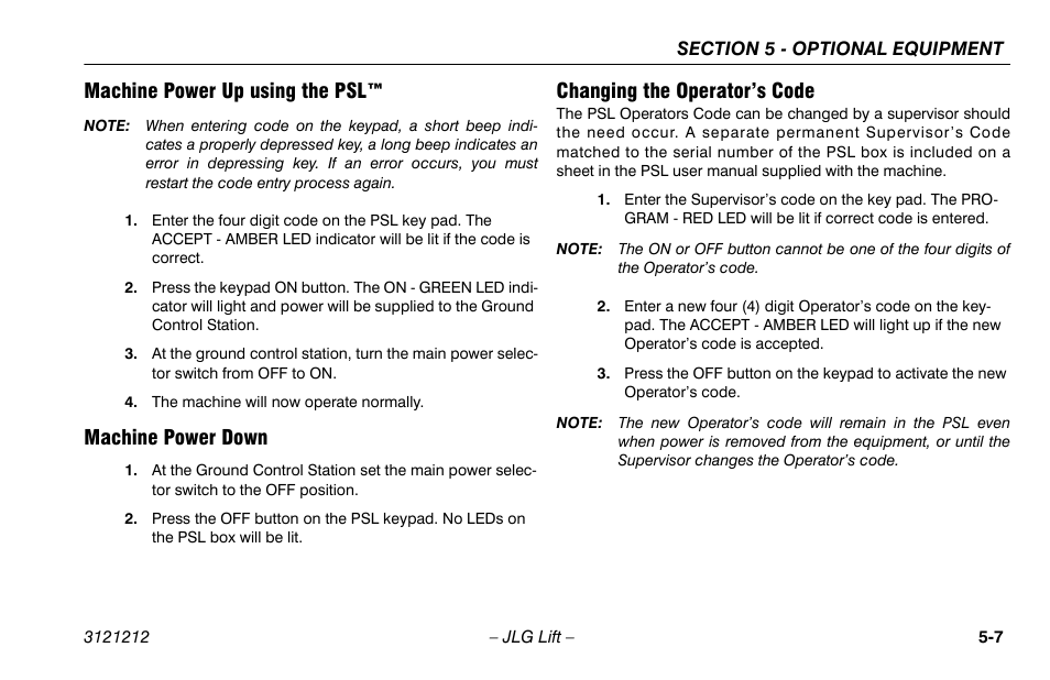 Machine power up using the psl, Machine power down, Changing the operator’s code | JLG 15AMI Operator Manual User Manual | Page 57 / 76