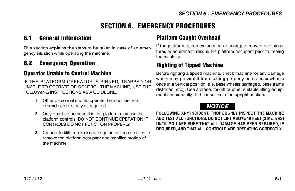 Section 6. emergency procedures, 1 general information, 2 emergency operation | Operator unable to control machine, Platform caught overhead, Righting of tipped machine, Section - 6 - emergency procedures | JLG 15AMI Operator Manual User Manual | Page 59 / 76