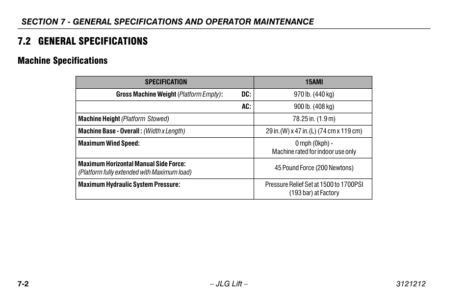 2 general specifications, Machine specifications, 2 general specifications -2 | Machine specifications -2 | JLG 15AMI Operator Manual User Manual | Page 62 / 76